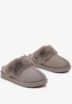 Szare Płaskie Kapcie Ozdobione Futerkiem Avettria