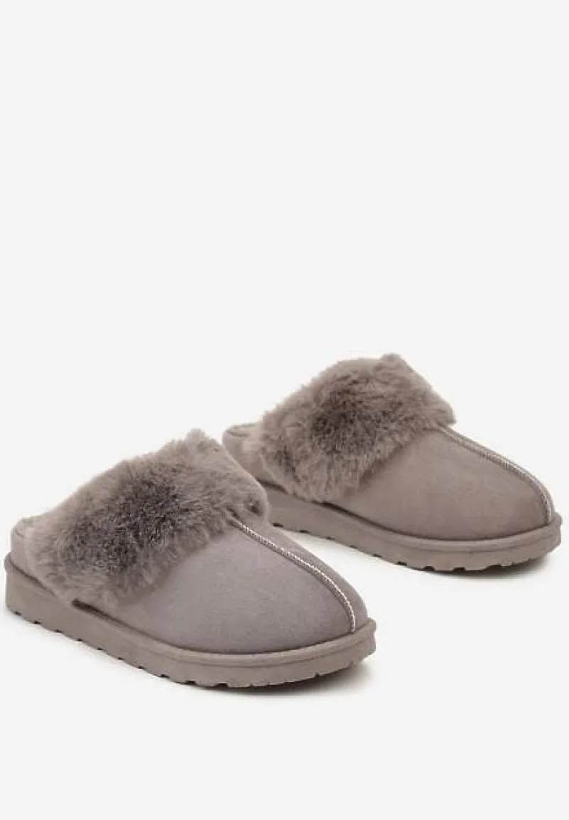 Szare Płaskie Kapcie Ozdobione Futerkiem Avettria