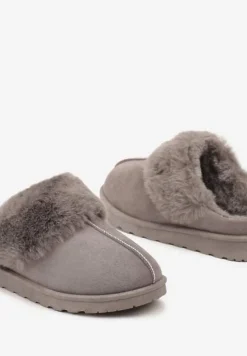 Szare Płaskie Kapcie Ozdobione Futerkiem Avettria