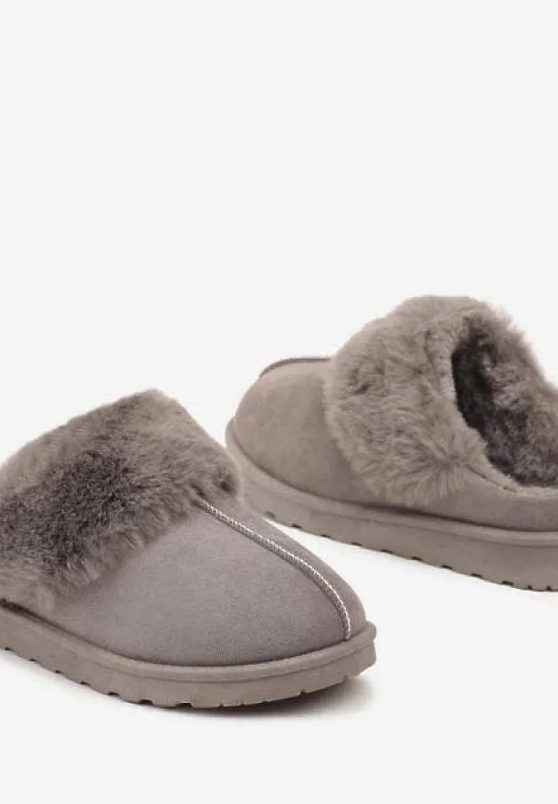 Szare Płaskie Kapcie Ozdobione Futerkiem Avettria
