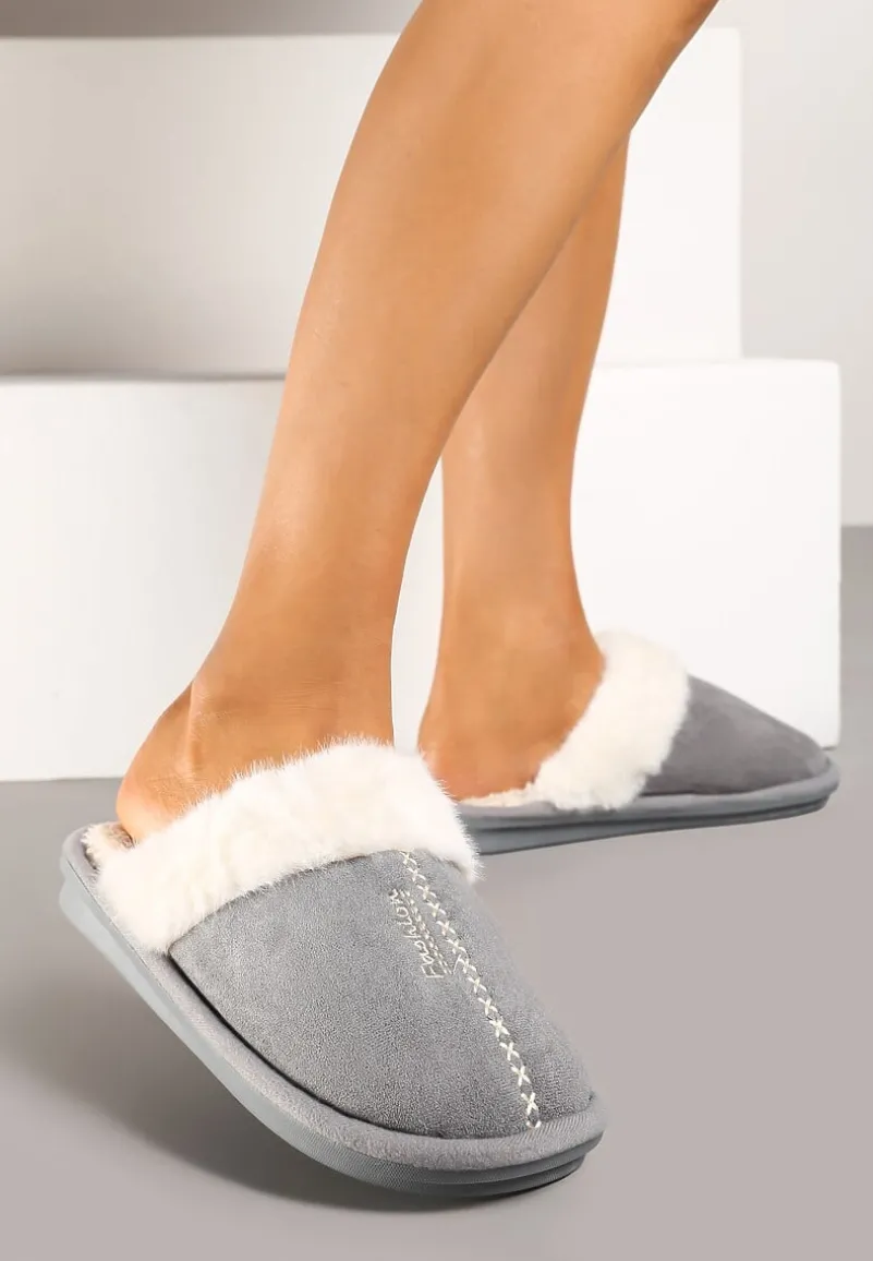Szare Płaskie Kapcie Ozdobione Futerkiem Lealira