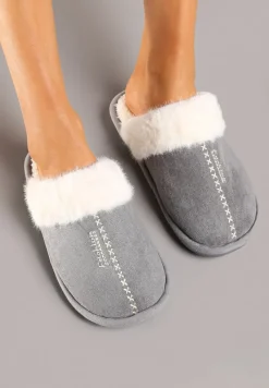 Szare Płaskie Kapcie Ozdobione Futerkiem Lealira