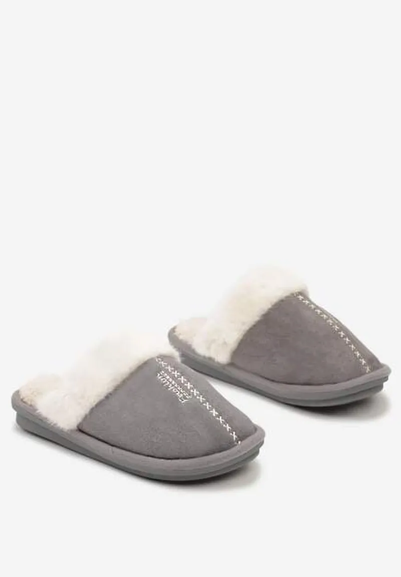 Szare Płaskie Kapcie Ozdobione Futerkiem Lealira