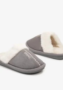 Szare Płaskie Kapcie Ozdobione Futerkiem Lealira