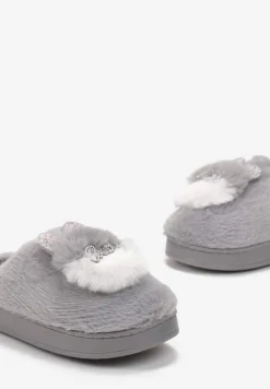 Szare Płaskie Kapcie z Aplikacją 3D w Kształcie Króliczka Munere