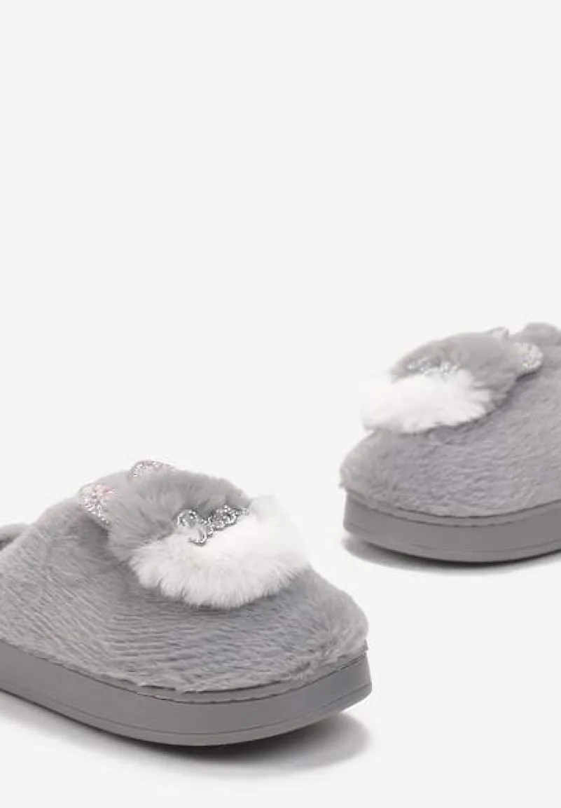 Szare Płaskie Kapcie z Aplikacją 3D w Kształcie Króliczka Munere