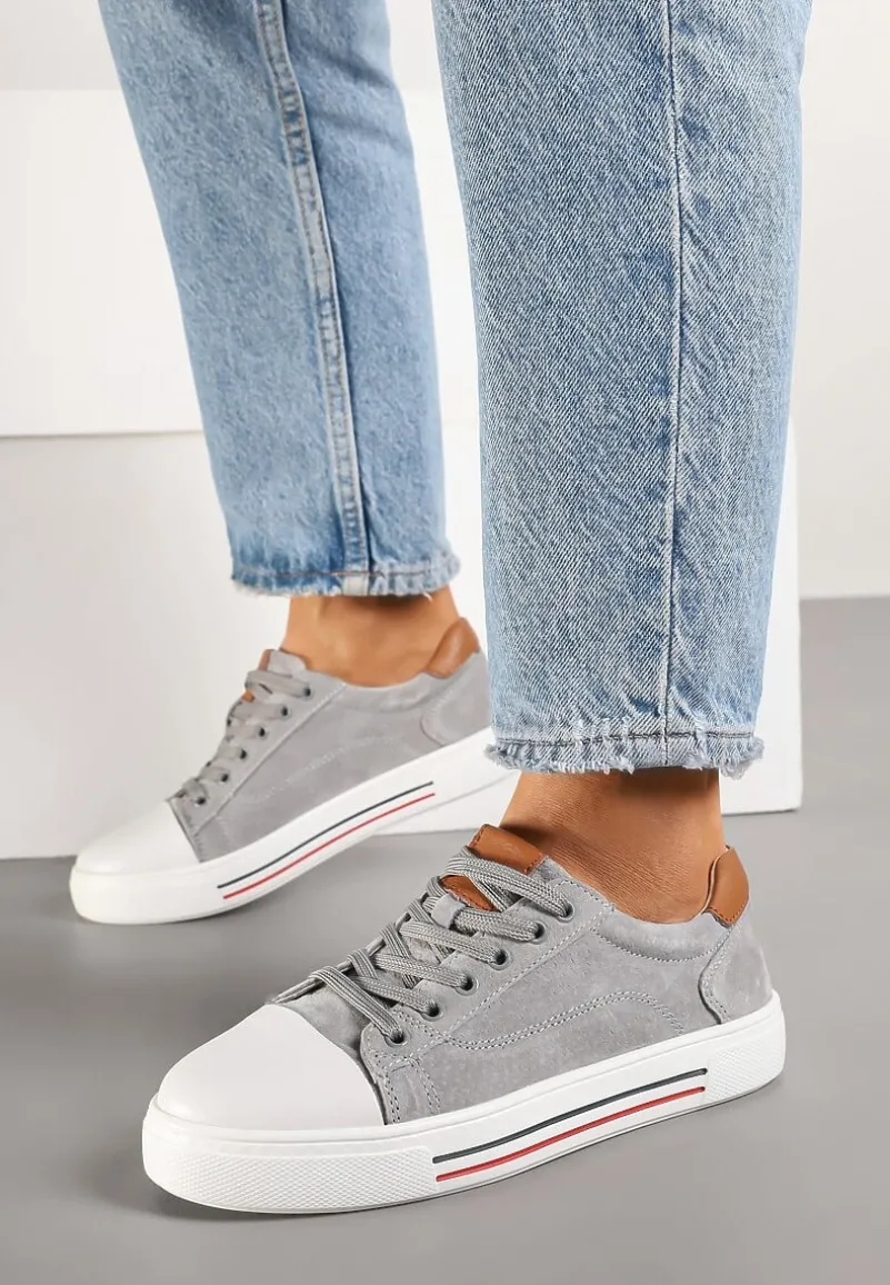 Szare Płaskie Trampki ze Skóry Naturalnej ze Skórzaną Wkładką i Ozdobnym Noskiem Milili