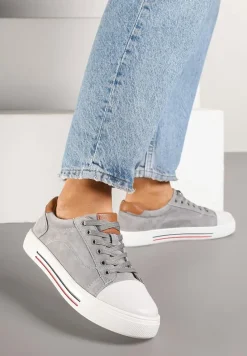 Szare Płaskie Trampki ze Skóry Naturalnej ze Skórzaną Wkładką i Ozdobnym Noskiem Milili