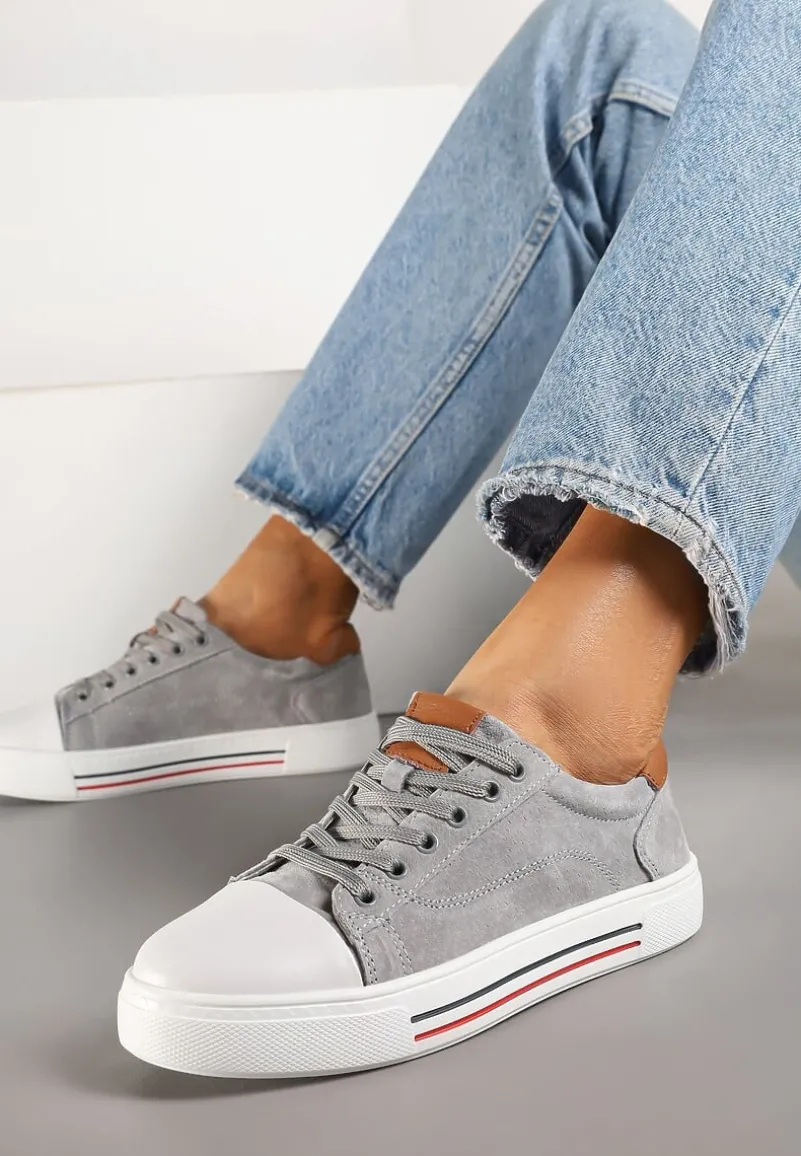 Szare Płaskie Trampki ze Skóry Naturalnej ze Skórzaną Wkładką i Ozdobnym Noskiem Milili