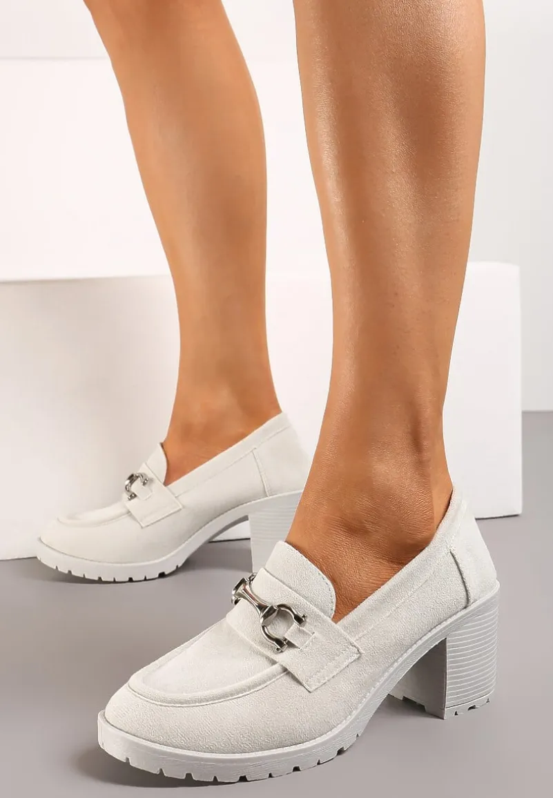 Szare Półbuty Mokasyny na Słupku z Platformą Ozdobione Klamrą Acridna