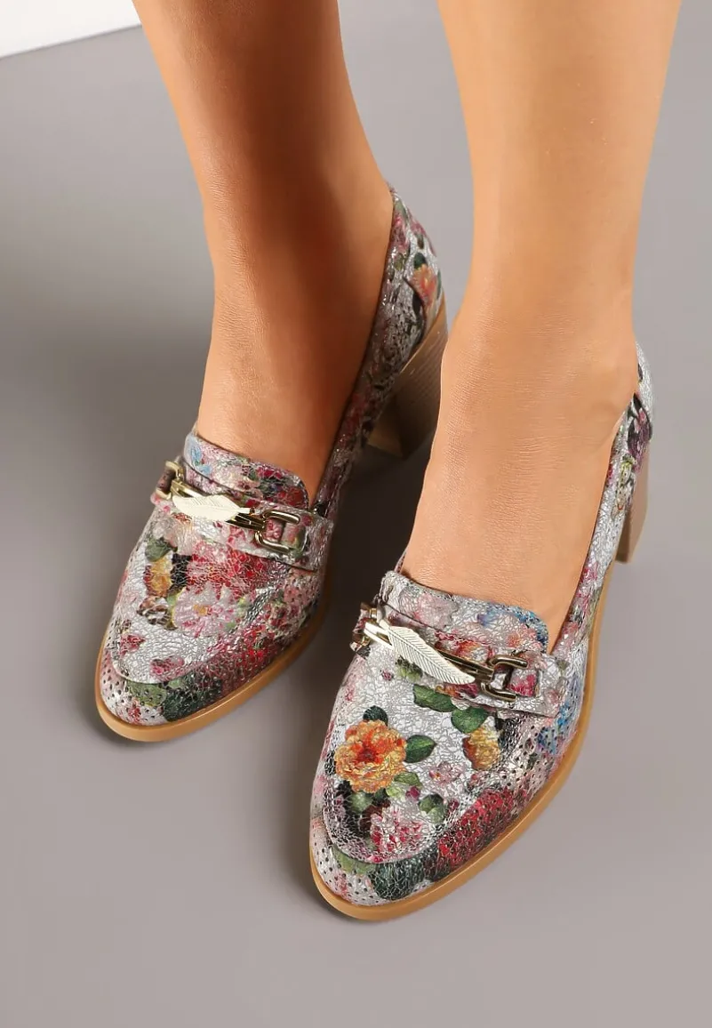 Szare Półbuty na Słupku ze Skórzaną Wkładką Perforacją i Klamrą Sesmiriela