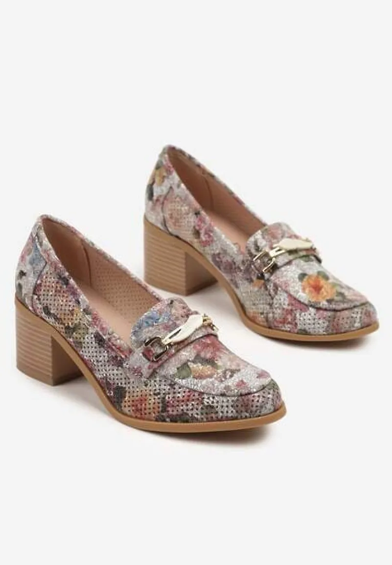 Szare Półbuty na Słupku ze Skórzaną Wkładką Perforacją i Klamrą Sesmiriela