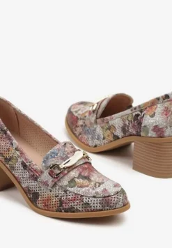 Szare Półbuty na Słupku ze Skórzaną Wkładką Perforacją i Klamrą Sesmiriela