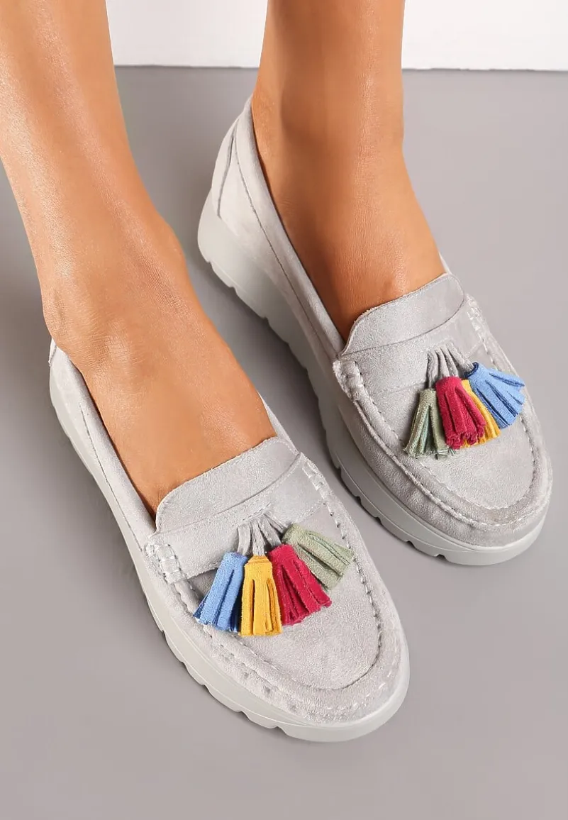Szare Półbuty ze Skórzaną Wkładką z Frędzlami i Podeszwą z Wycięciami Cesua