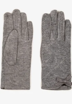 Szare Rękawiczki Dzianinowe z Bawełną Ozdobione Kokardą Filremi
