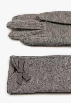 Szare Rękawiczki Dzianinowe z Bawełną Ozdobione Kokardą Filremi