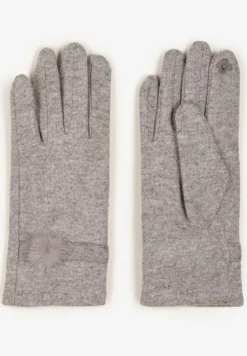 Szare Rękawiczki Dzianinowe z Dodatkiem Bawełny Ozdobione Pomponem Zinnatra