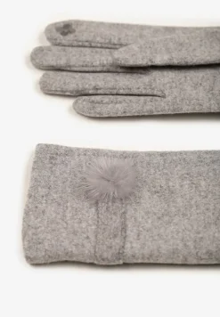 Szare Rękawiczki Dzianinowe z Dodatkiem Bawełny Ozdobione Pomponem Zinnatra