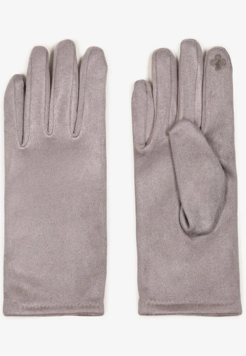Szare Rękawiczki Welurowe z Ozdobną Dzianinową Nakładką Seliti