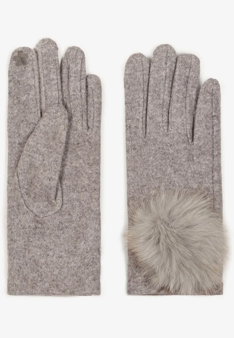 Szare Rękawiczki z Bawełną Ozdobione Futrzanym Pomponem Nadelina