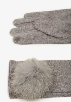 Szare Rękawiczki z Bawełną Ozdobione Futrzanym Pomponem Nadelina