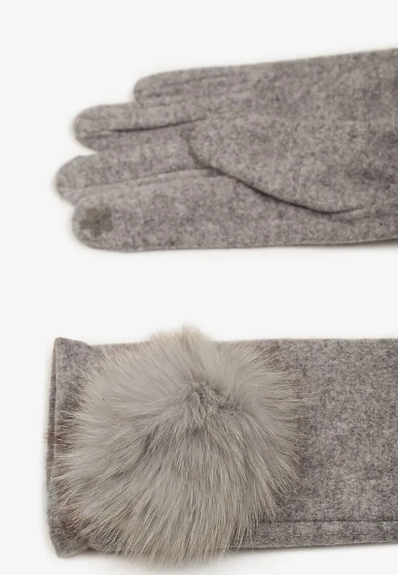 Szare Rękawiczki z Bawełną Ozdobione Futrzanym Pomponem Nadelina