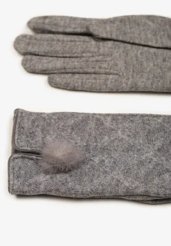 Szare Rękawiczki z Bawełną Ozdobione Pomponem i Rozcięciem Zinnaletha
