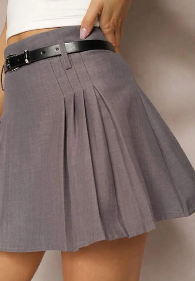 Szare Rozkloszowane Spódnico-Spodenki Plisowane High Waist z Paskiem Bastorea