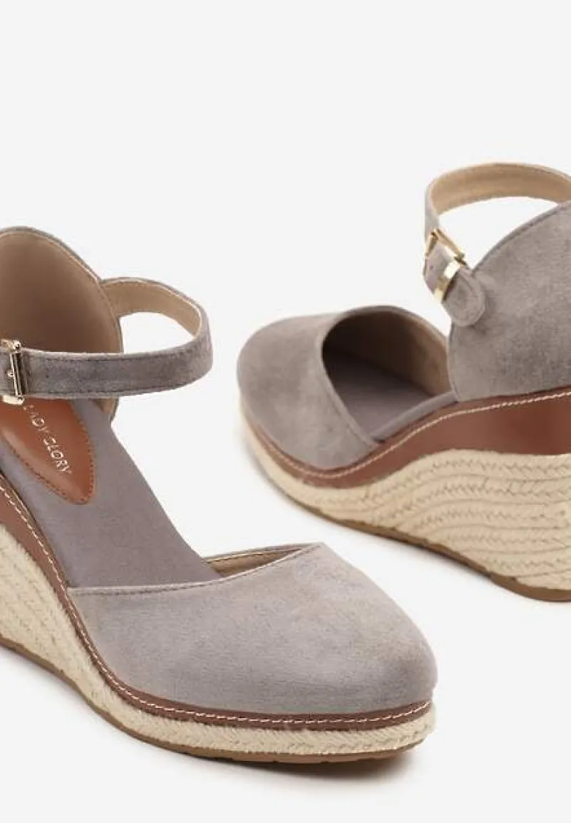 Szare Sandały na Plecionym Koturnie ze Sprzączką Catlinna