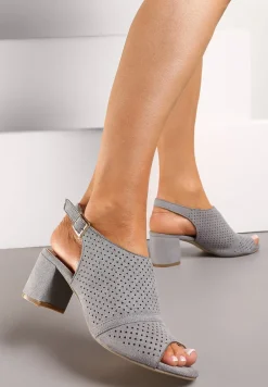 Szare Sandały na Słupku Peep Toe z Ażurowym Zdobieniem Tavia