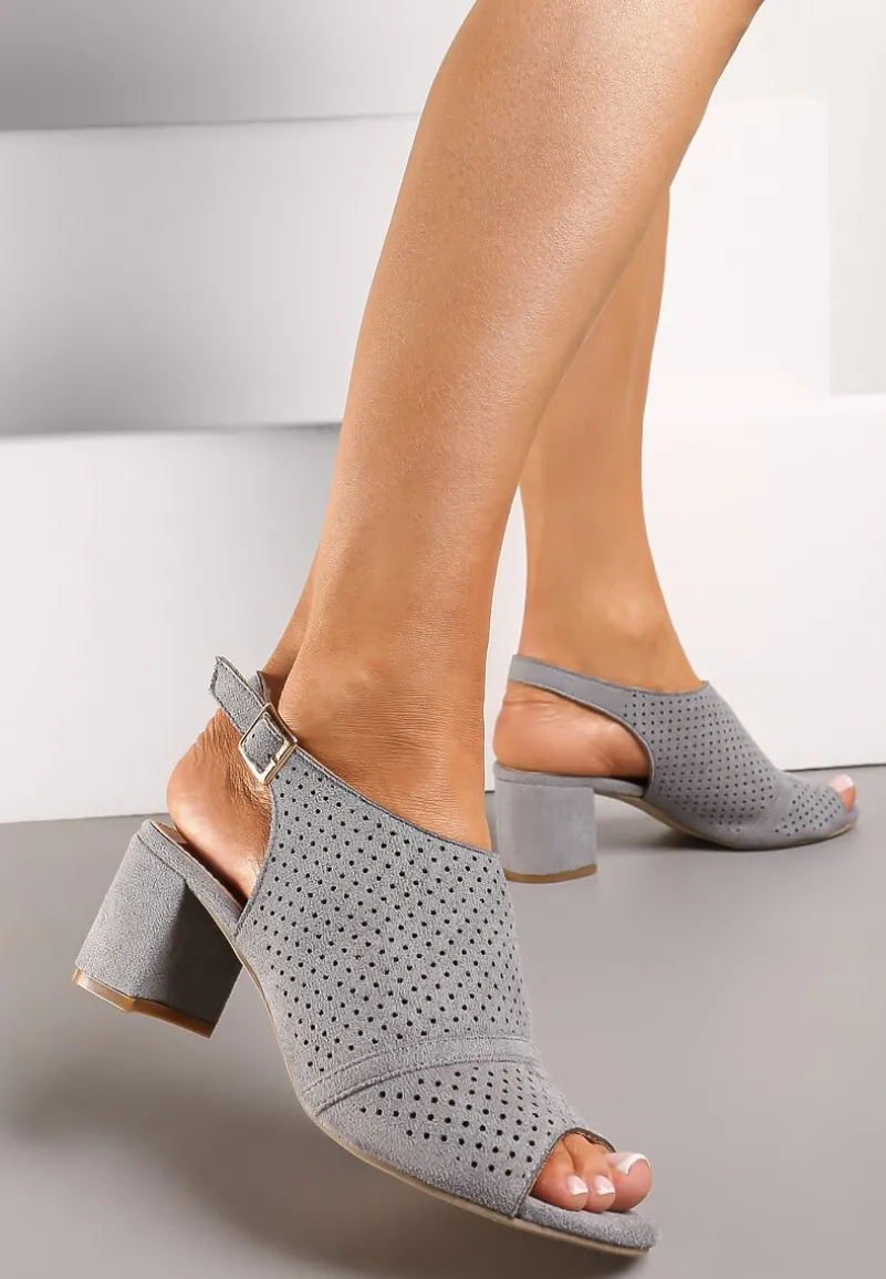 Szare Sandały na Słupku Peep Toe z Ażurowym Zdobieniem Tavia