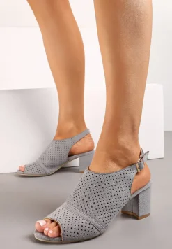 Szare Sandały na Słupku Peep Toe z Ażurowym Zdobieniem Tavia