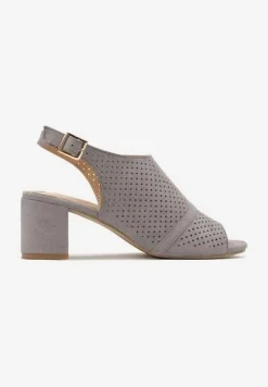 Szare Sandały na Słupku Peep Toe z Ażurowym Zdobieniem Tavia