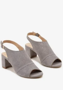 Szare Sandały na Słupku Peep Toe z Ażurowym Zdobieniem Tavia