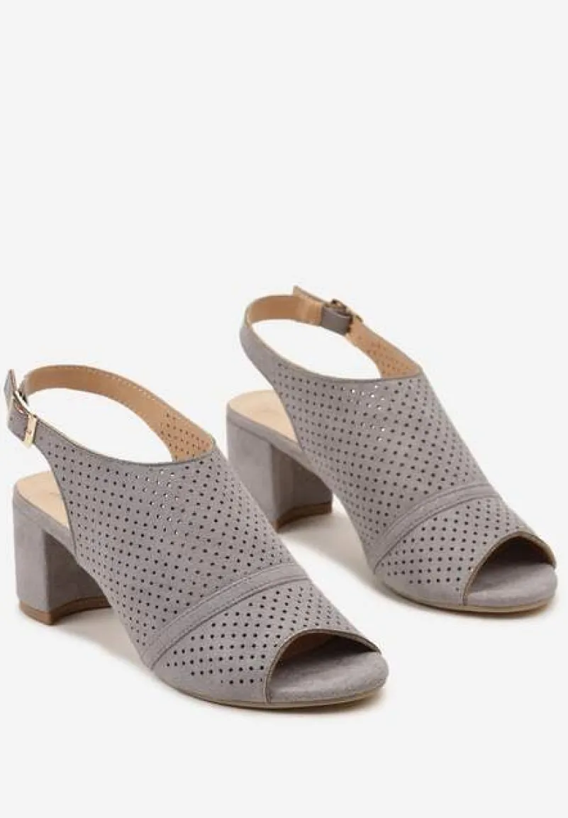 Szare Sandały na Słupku Peep Toe z Ażurowym Zdobieniem Tavia