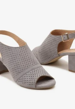 Szare Sandały na Słupku Peep Toe z Ażurowym Zdobieniem Tavia