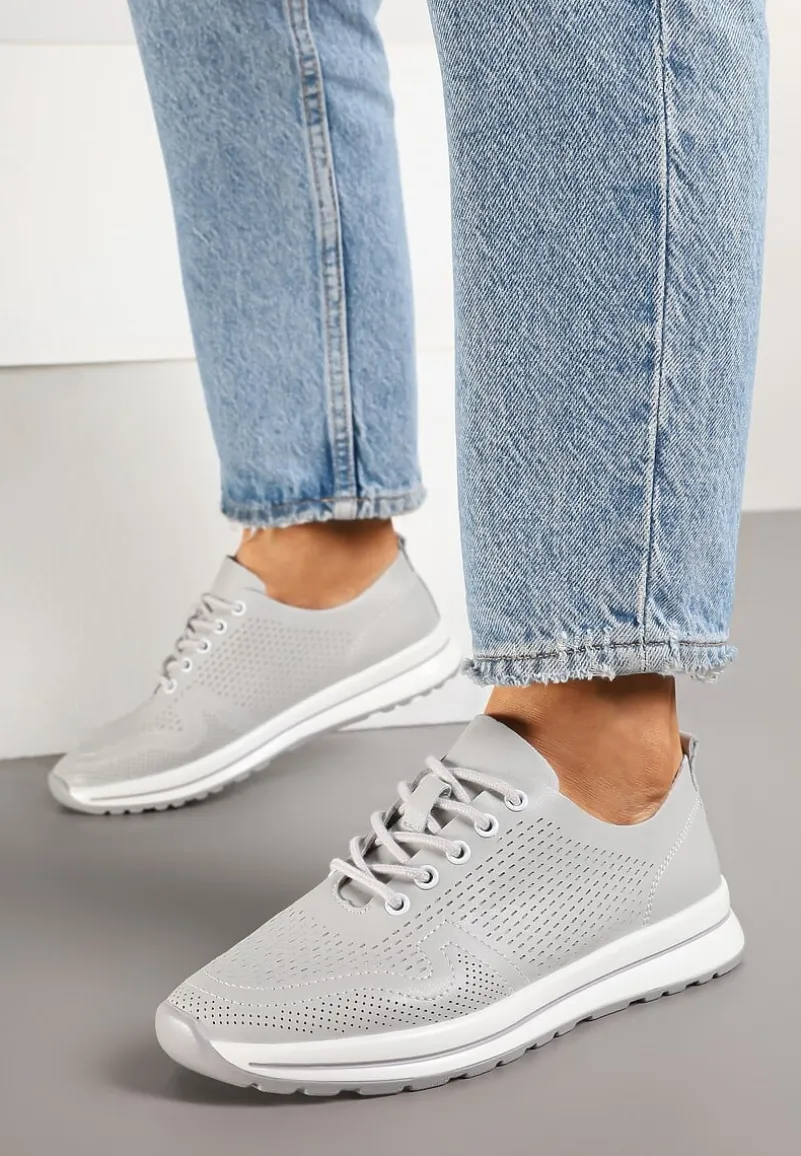 Szare Skórzane Buty Sportowe na Płaskiej Podeszwie ze Skórzaną Wkładką Ozdobione Perforacją Falali