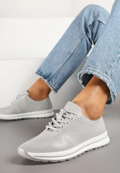 Szare Skórzane Buty Sportowe na Płaskiej Podeszwie ze Skórzaną Wkładką Ozdobione Perforacją Falali