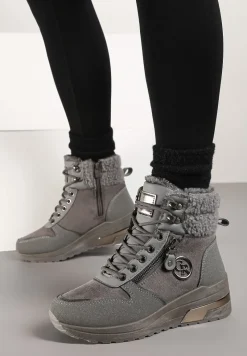 Szare Sneakersy na Koturnie za Kostkę z Metaliczną Ozdobą i Suwakiem Sinelara
