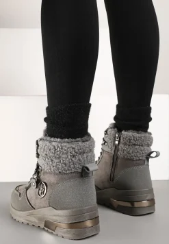 Szare Sneakersy na Koturnie za Kostkę z Metaliczną Ozdobą i Suwakiem Sinelara
