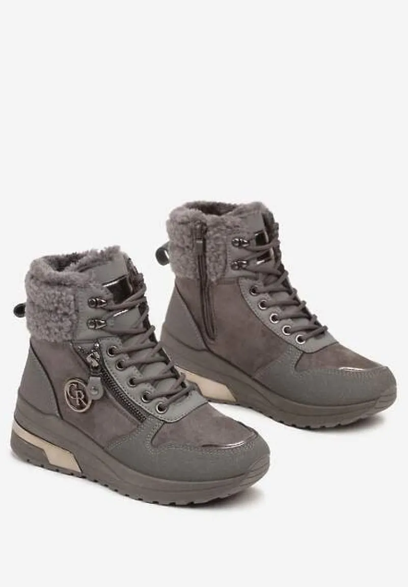 Szare Sneakersy na Koturnie za Kostkę z Metaliczną Ozdobą i Suwakiem Sinelara