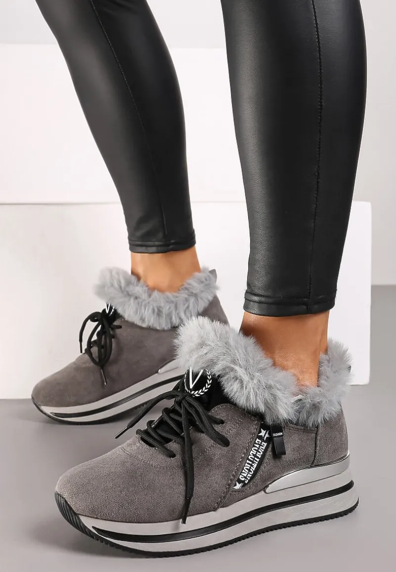 Szare Sneakersy na Płaskiej Podeszwie z Napisem i Futerkiem Taricea