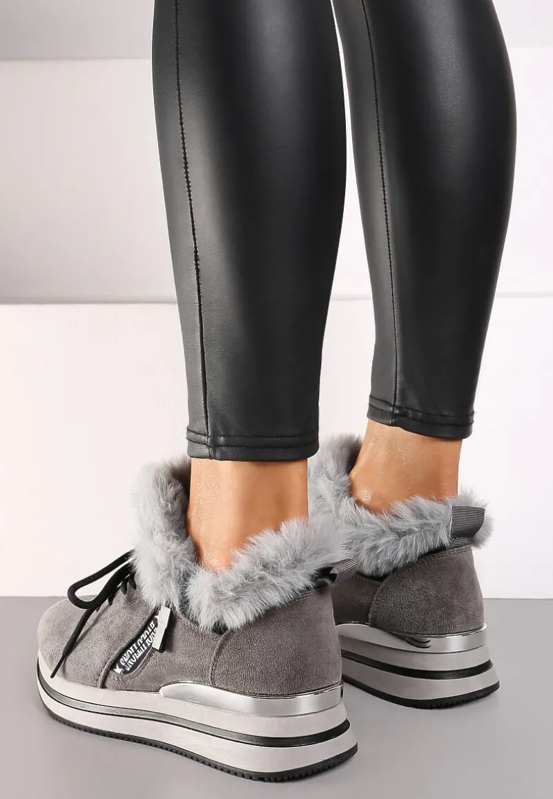 Szare Sneakersy na Płaskiej Podeszwie z Napisem i Futerkiem Taricea