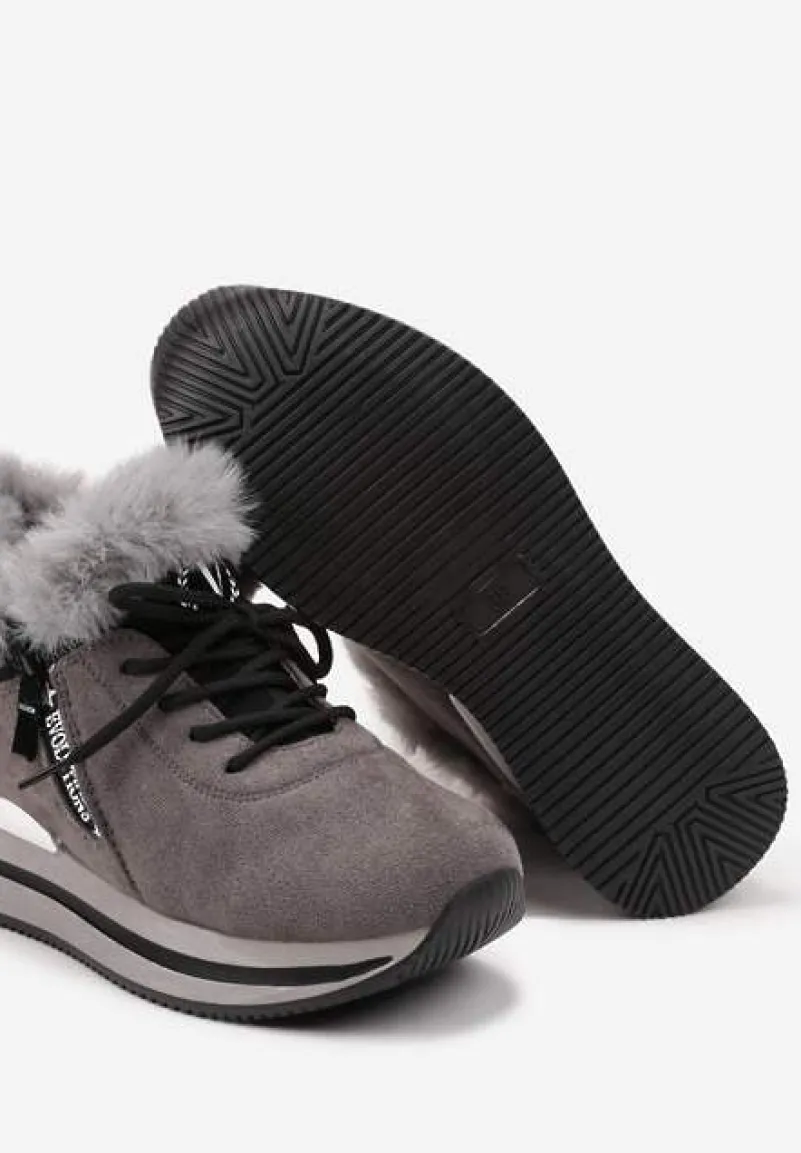 Szare Sneakersy na Płaskiej Podeszwie z Napisem i Futerkiem Taricea
