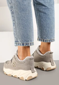 Szare Sneakersy na Platformie z Metaliczną Ozdobą i Geometrycznym Motywem Delasiel