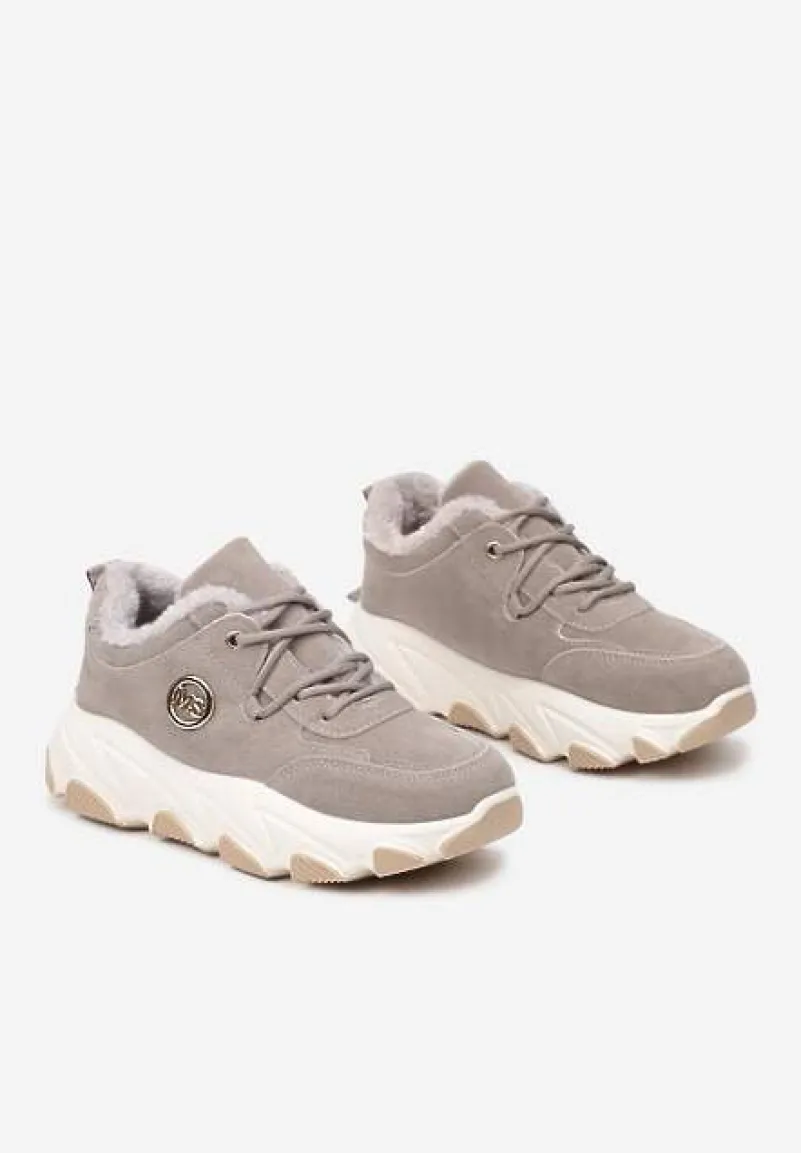 Szare Sneakersy na Platformie z Metaliczną Ozdobą i Geometrycznym Motywem Delasiel