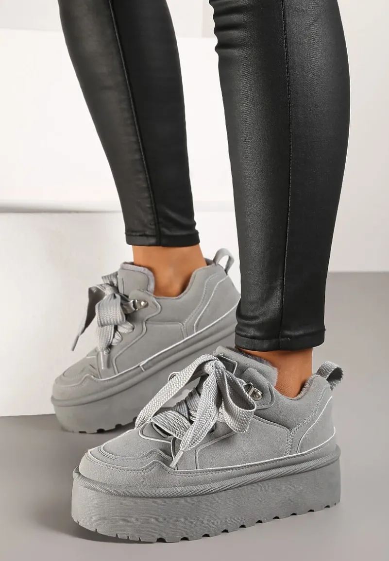 Szare Sneakersy Vices Stylizowane na Śniegowce na Platformie Obszyte Futerkiem Naleris