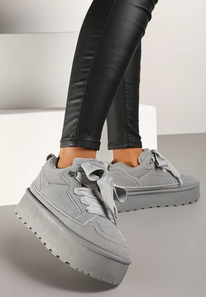 Szare Sneakersy Vices Stylizowane na Śniegowce na Platformie Obszyte Futerkiem Naleris