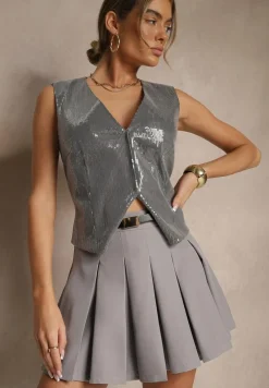 Szare Spódnico-Spodenki High Waist z Plisowaniem Wykończone Paskiem Eviennes