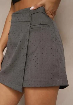 Szare Spódnico-Szorty z Cekinami Zakładką i Imitacją Kieszeni Vaiane
